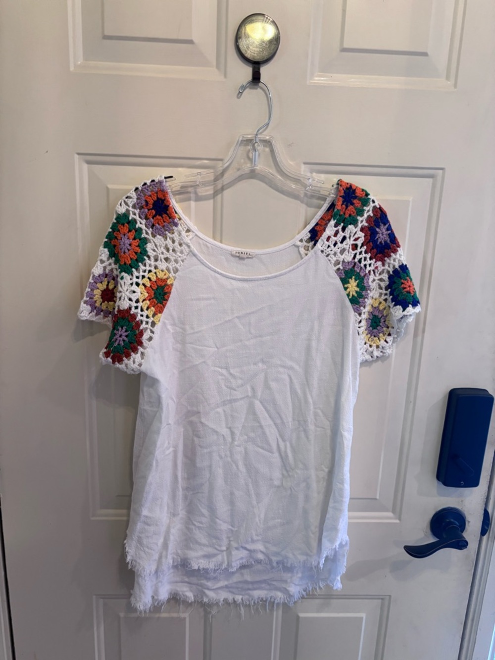 Anthropologie JODIFL White Cotton Tee with Multicolor Crochet Sleeves - Picture 2 of 5